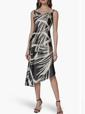 Donna Karan NWT 16 Black and Cream Crowl Asymmetrical Abstract Print Dress